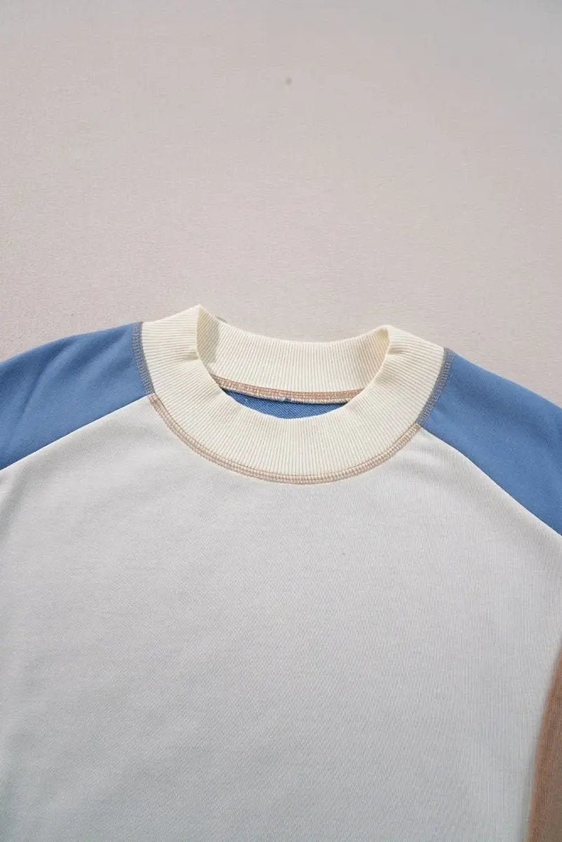 Sky Blue Ribbed Detail Color Block Sleeve Baggy Sweatshirt - Love Salve 