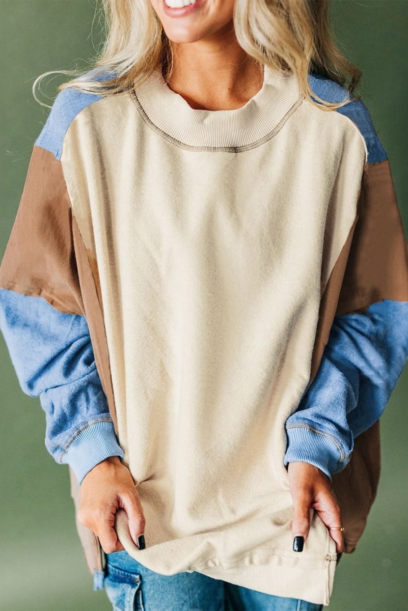 Sky Blue Ribbed Detail Color Block Sleeve Baggy Sweatshirt - Love Salve