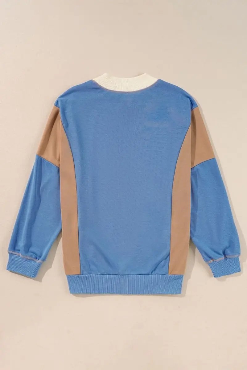 Sky Blue Ribbed Detail Color Block Sleeve Baggy Sweatshirt - Love Salve 