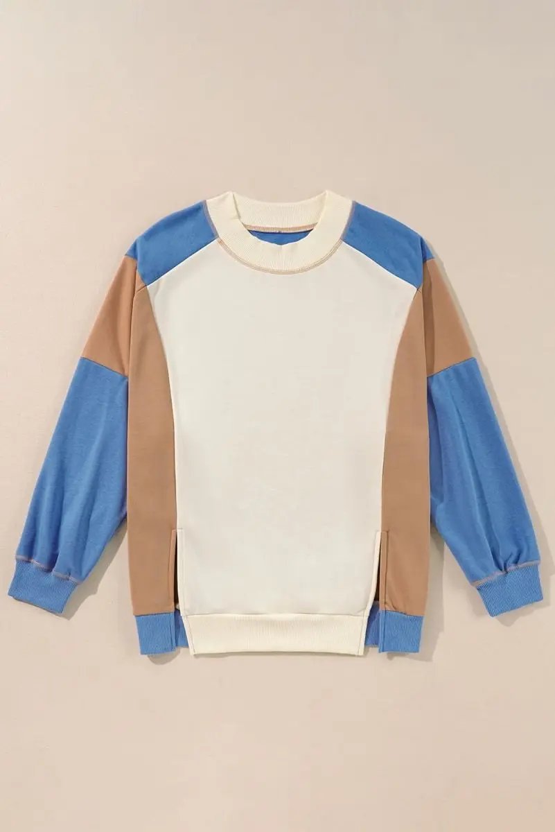 Sky Blue Ribbed Detail Color Block Sleeve Baggy Sweatshirt - Love Salve 