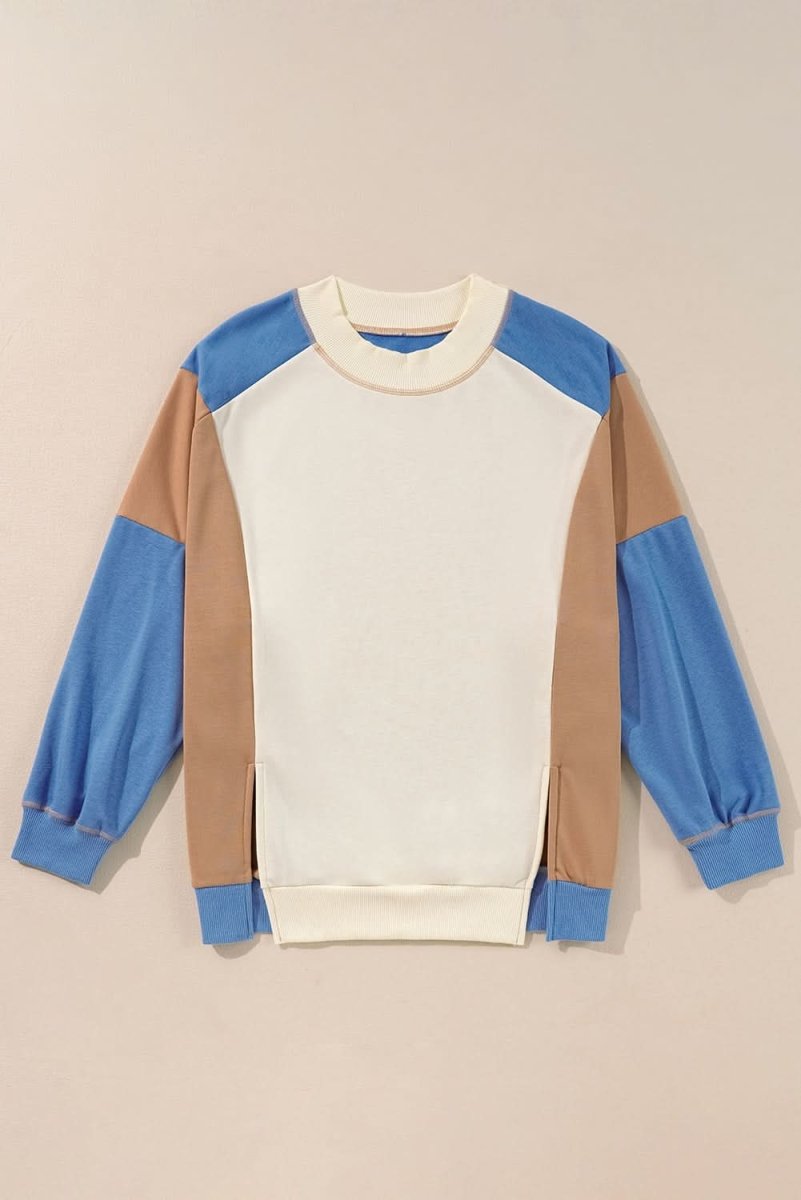 Sky Blue Ribbed Detail Color Block Sleeve Baggy Sweatshirt - Love Salve