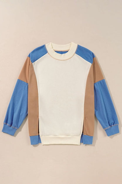 Sky Blue Ribbed Detail Color Block Sleeve Baggy Sweatshirt - Love Salve