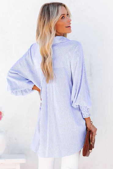 Sky Blue Smocked Cuffed Striped Boyfriend Shirt with Pocket - Love Salve 