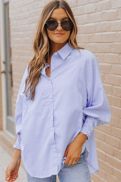 Sky Blue Smocked Cuffed Striped Boyfriend Shirt with Pocket - Love Salve 