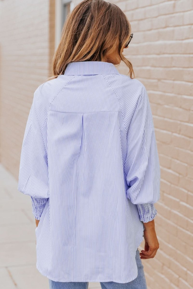 Sky Blue Smocked Cuffed Striped Boyfriend Shirt with Pocket - Love Salve 