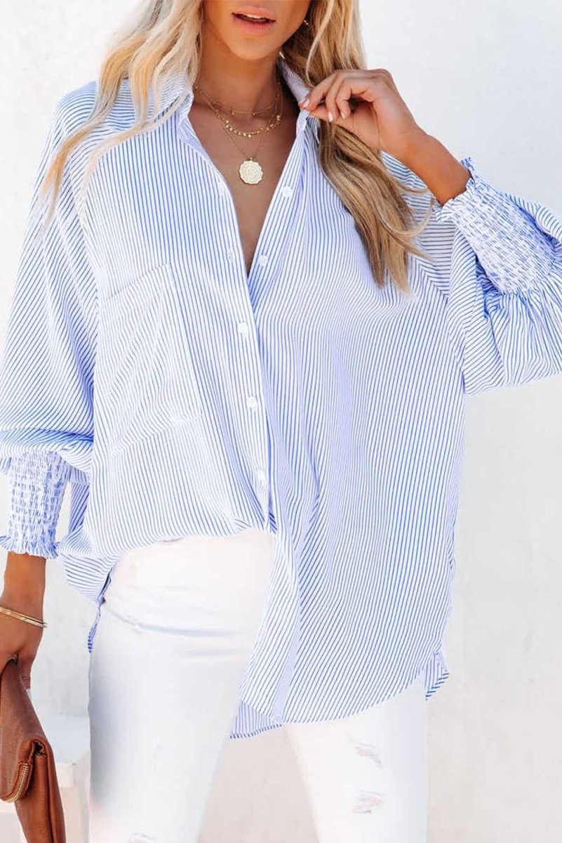 Sky Blue Smocked Cuffed Striped Boyfriend Shirt with Pocket - Love Salve 