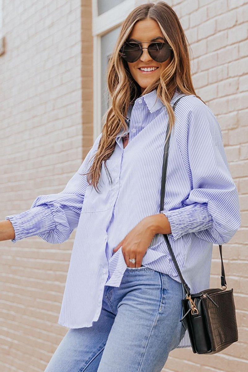 Sky Blue Smocked Cuffed Striped Boyfriend Shirt with Pocket - Love Salve 