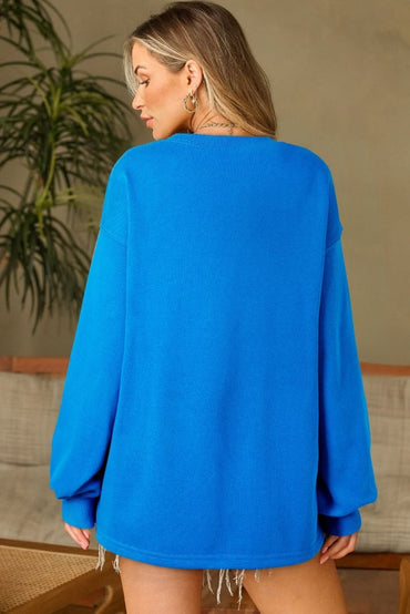 Sky Blue Solid Color Drop Shoulder Long Sleeve Basic Sweatshirt - Love Salve 