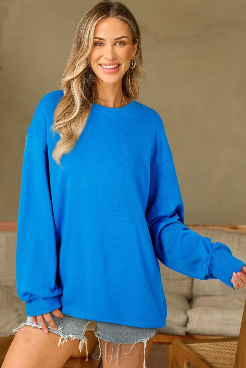 Sky Blue Solid Color Drop Shoulder Long Sleeve Basic Sweatshirt - Love Salve 