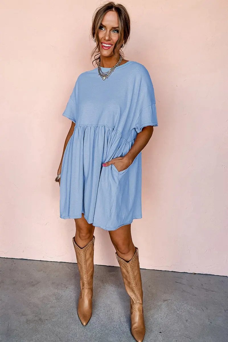 Sky Blue Solid Color Pocketed Raw Edge Babydoll Dress - Love Salve 