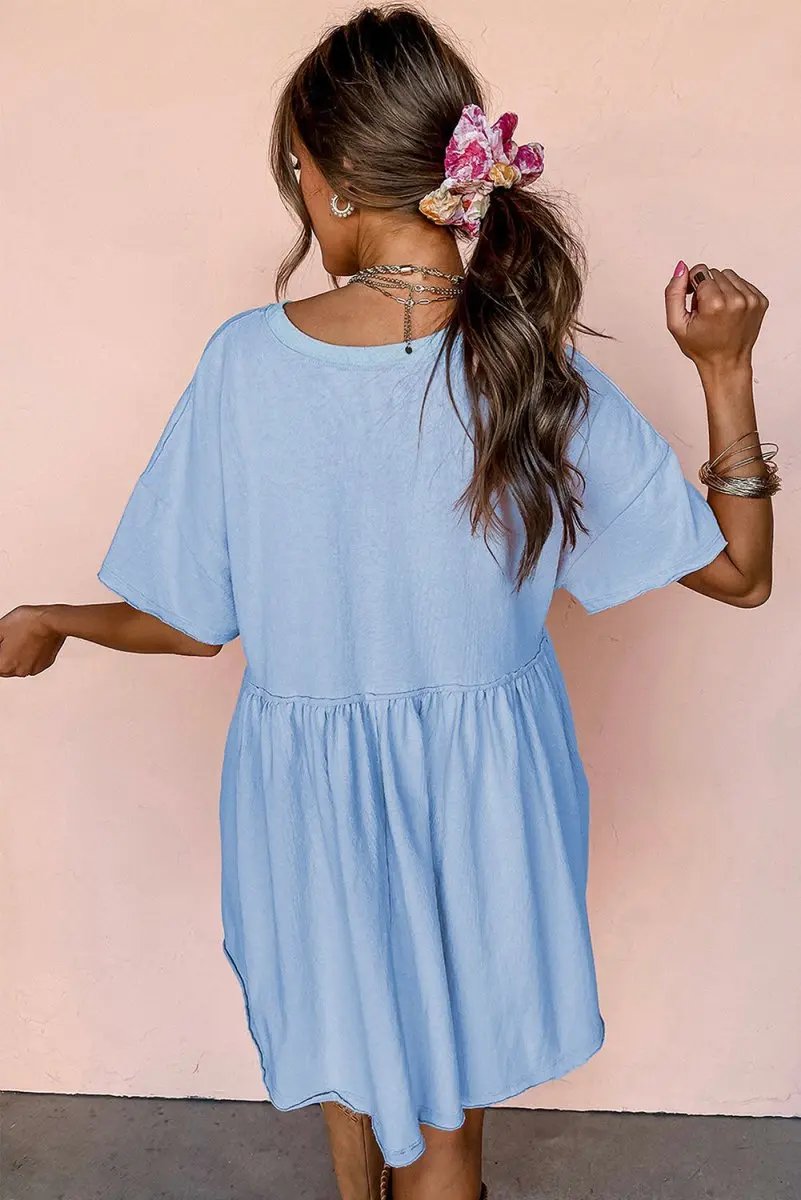 Sky Blue Solid Color Pocketed Raw Edge Babydoll Dress - Love Salve 