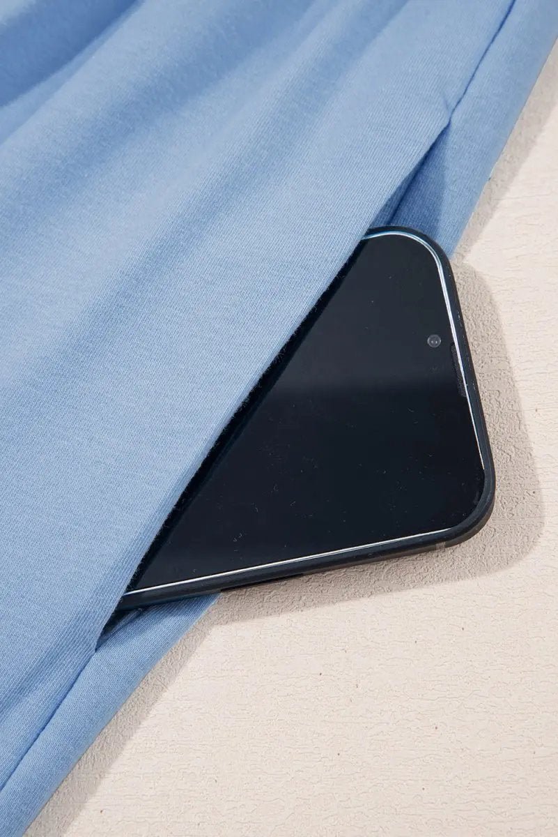 Sky Blue Solid Color Pocketed Raw Edge Babydoll Dress - Love Salve 