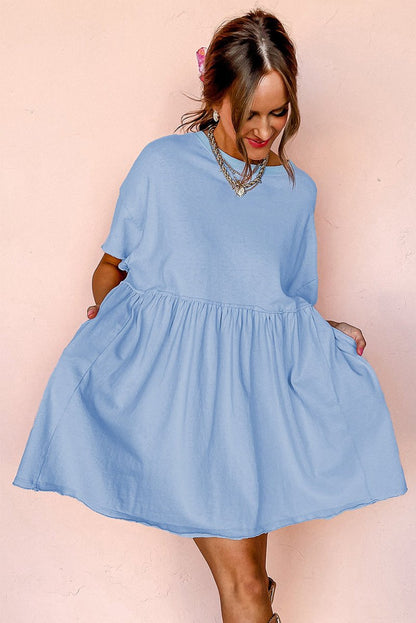 Sky Blue Solid Color Pocketed Raw Edge Babydoll Dress - Love Salve 