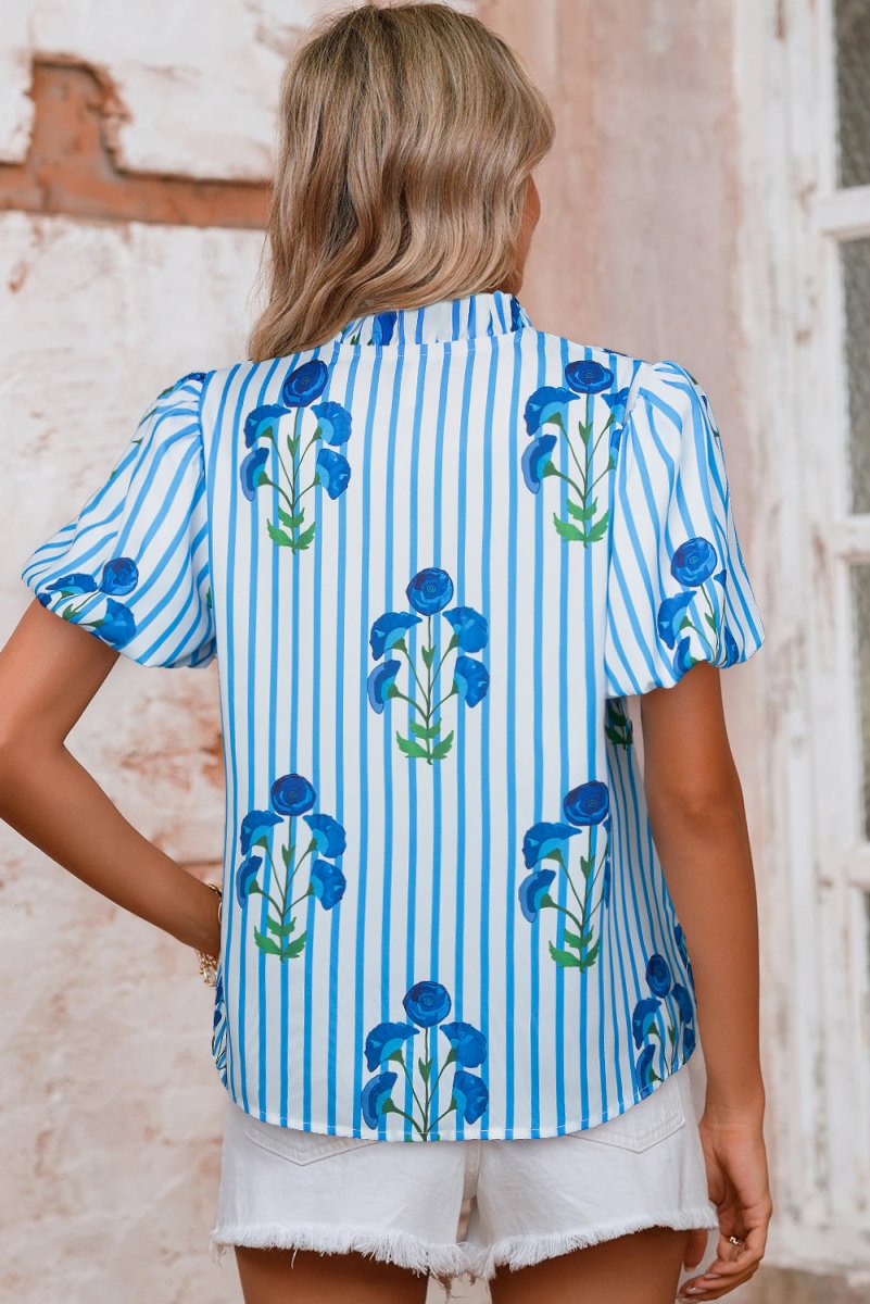 Sky Blue Stripe Floral Buttoned Frilly Notched Neck Puff Sleeve Summer Blouse - Love Salve 