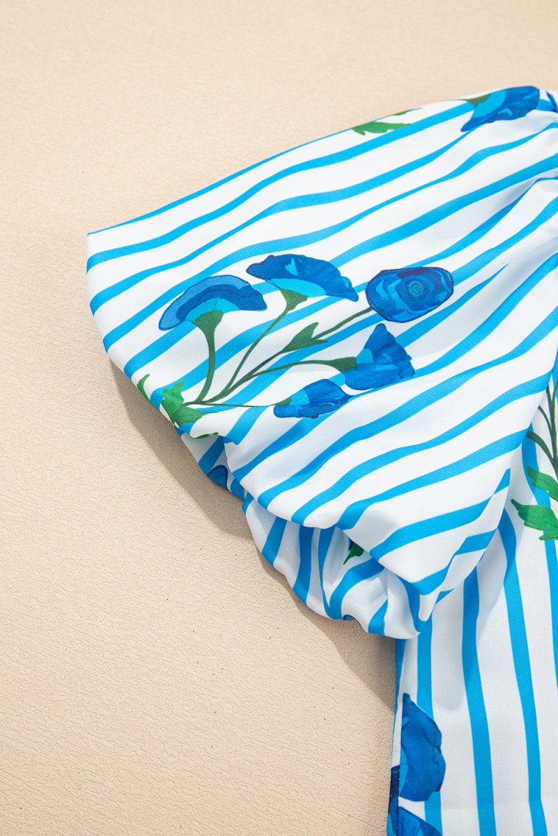 Sky Blue Stripe Floral Buttoned Frilly Notched Neck Puff Sleeve Summer Blouse - Love Salve 