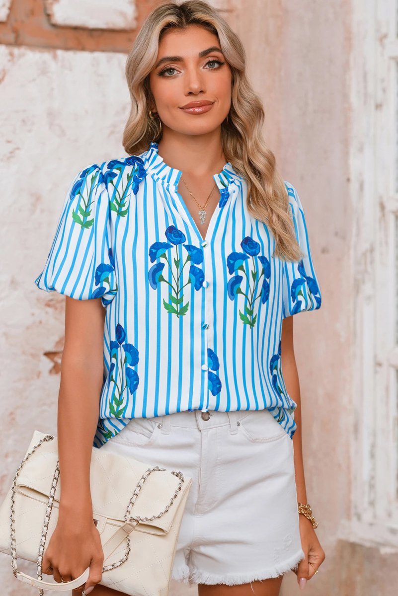 Sky Blue Stripe Floral Buttoned Frilly Notched Neck Puff Sleeve Summer Blouse - Love Salve 