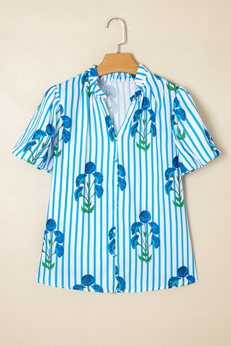 Sky Blue Stripe Floral Buttoned Frilly Notched Neck Puff Sleeve Summer Blouse - Love Salve 
