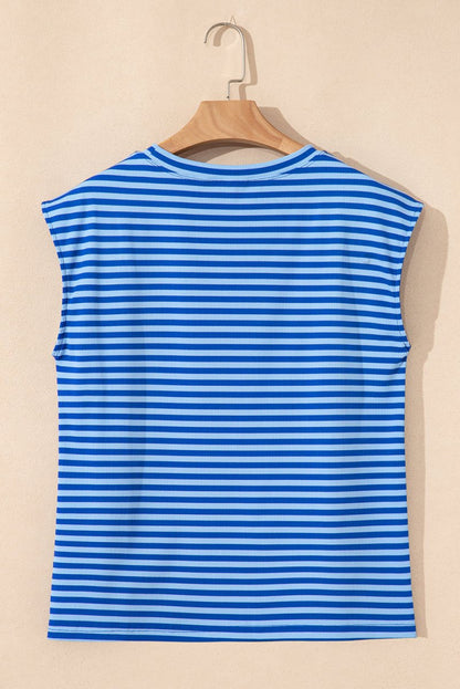 Sky Blue Stripe Ribbed Cap Sleeve Round Neck T Shirt for Women - Love Salve 