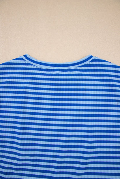 Sky Blue Stripe Ribbed Cap Sleeve Round Neck T Shirt for Women - Love Salve 