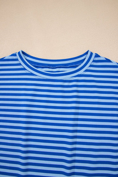 Sky Blue Stripe Ribbed Cap Sleeve Round Neck T Shirt for Women - Love Salve 