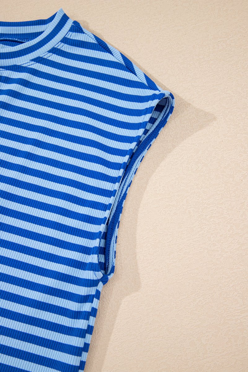 Sky Blue Stripe Ribbed Cap Sleeve Round Neck T Shirt for Women - Love Salve 