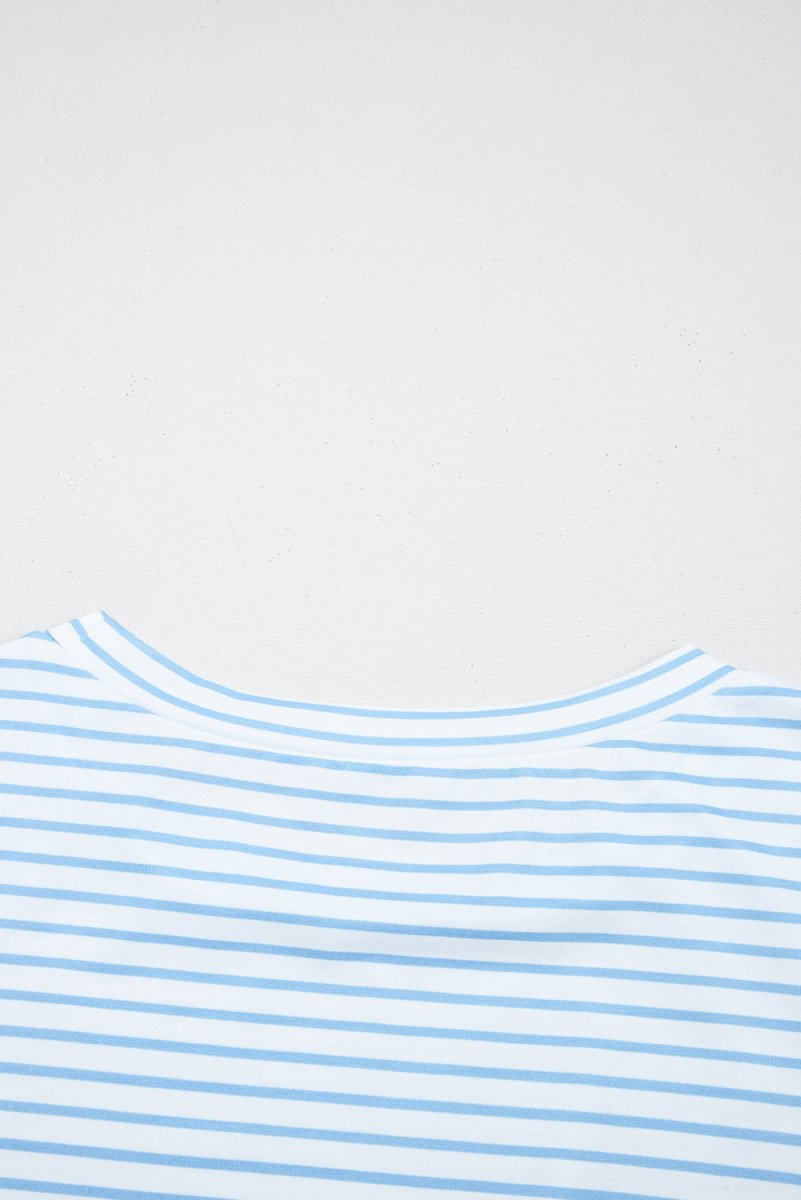 Sky Blue Stripe Three Quarter Floral Puff Sleeve Patchwork Drop Shoulder Top - Love Salve 