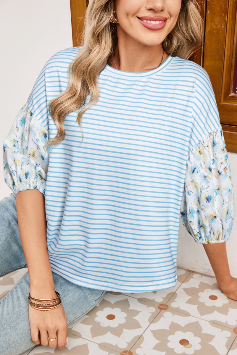 Sky Blue Stripe Three Quarter Floral Puff Sleeve Patchwork Drop Shoulder Top - Love Salve 