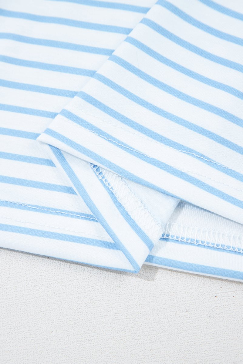 Sky Blue Stripe Three Quarter Floral Puff Sleeve Patchwork Drop Shoulder Top - Love Salve 