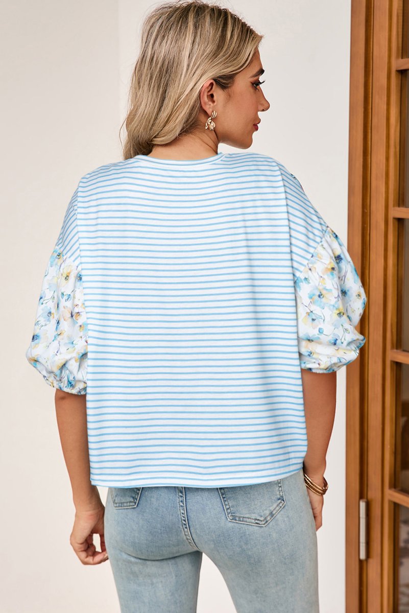 Sky Blue Stripe Three Quarter Floral Puff Sleeve Patchwork Drop Shoulder Top - Love Salve 