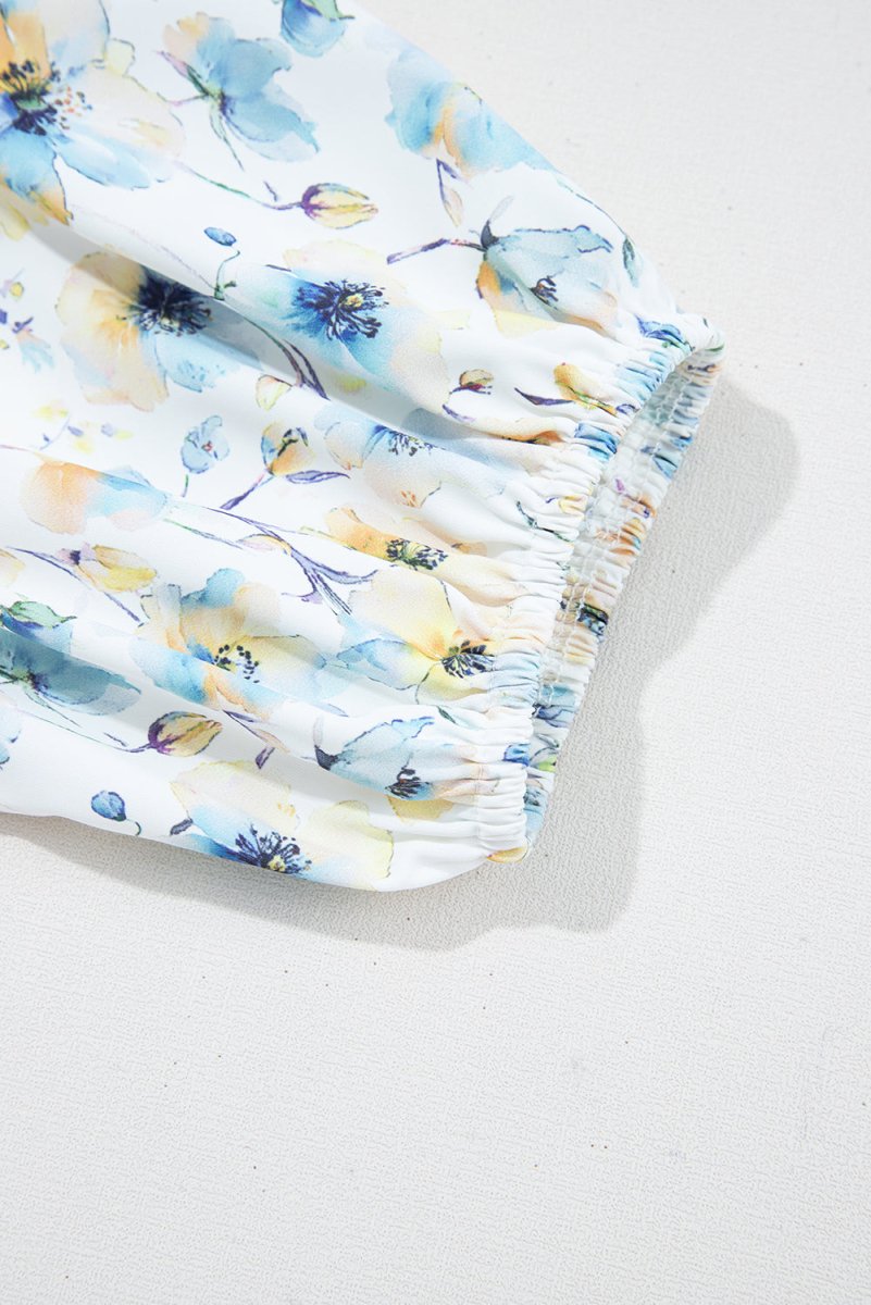 Sky Blue Stripe Three Quarter Floral Puff Sleeve Patchwork Drop Shoulder Top - Love Salve 