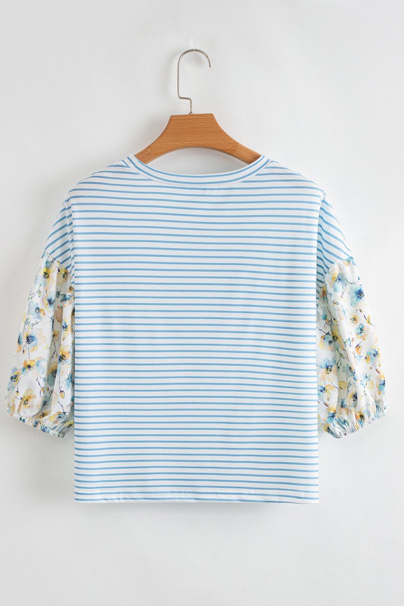 Sky Blue Stripe Three Quarter Floral Puff Sleeve Patchwork Drop Shoulder Top - Love Salve 
