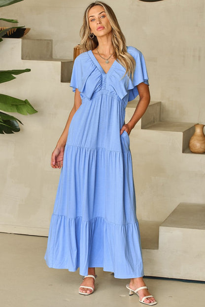 Sky Blue Textured V Neck Flutter Sleeve Ruffled Maxi Dress - Love Salve 