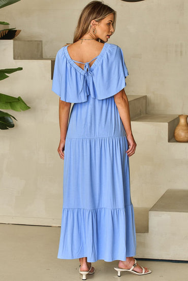 Sky Blue Textured V Neck Flutter Sleeve Ruffled Maxi Dress - Love Salve 