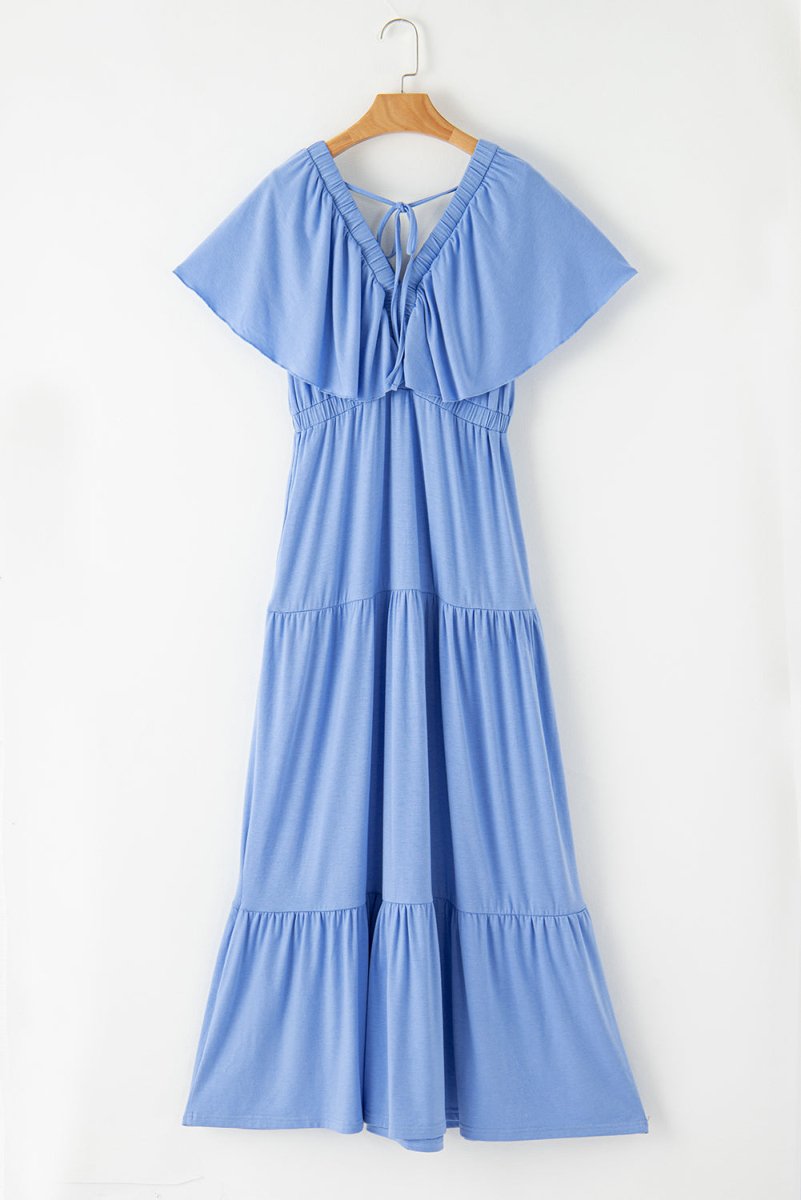 Sky Blue Textured V Neck Flutter Sleeve Ruffled Maxi Dress - Love Salve 