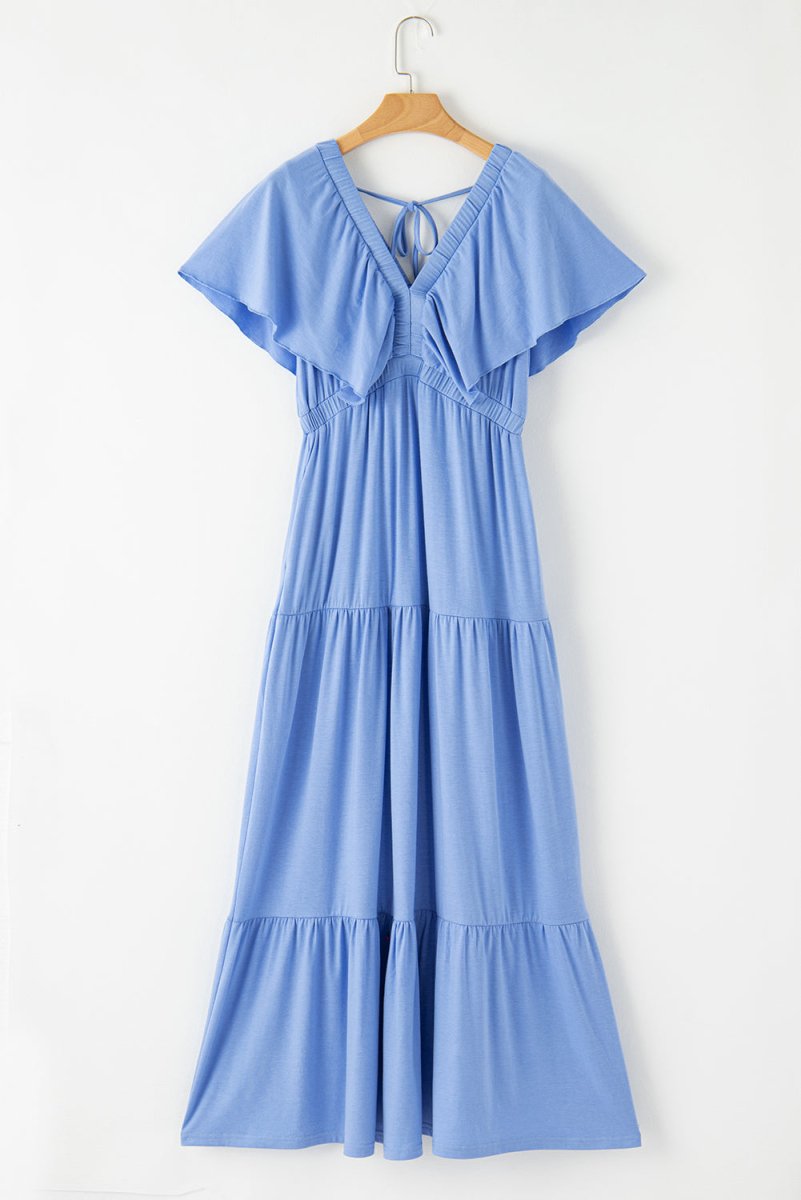 Sky Blue Textured V Neck Flutter Sleeve Ruffled Maxi Dress - Love Salve 