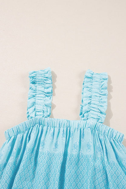 Sky Blue Tribal Pattern Print Ruffled Wide Straps Tank Top - Love Salve 
