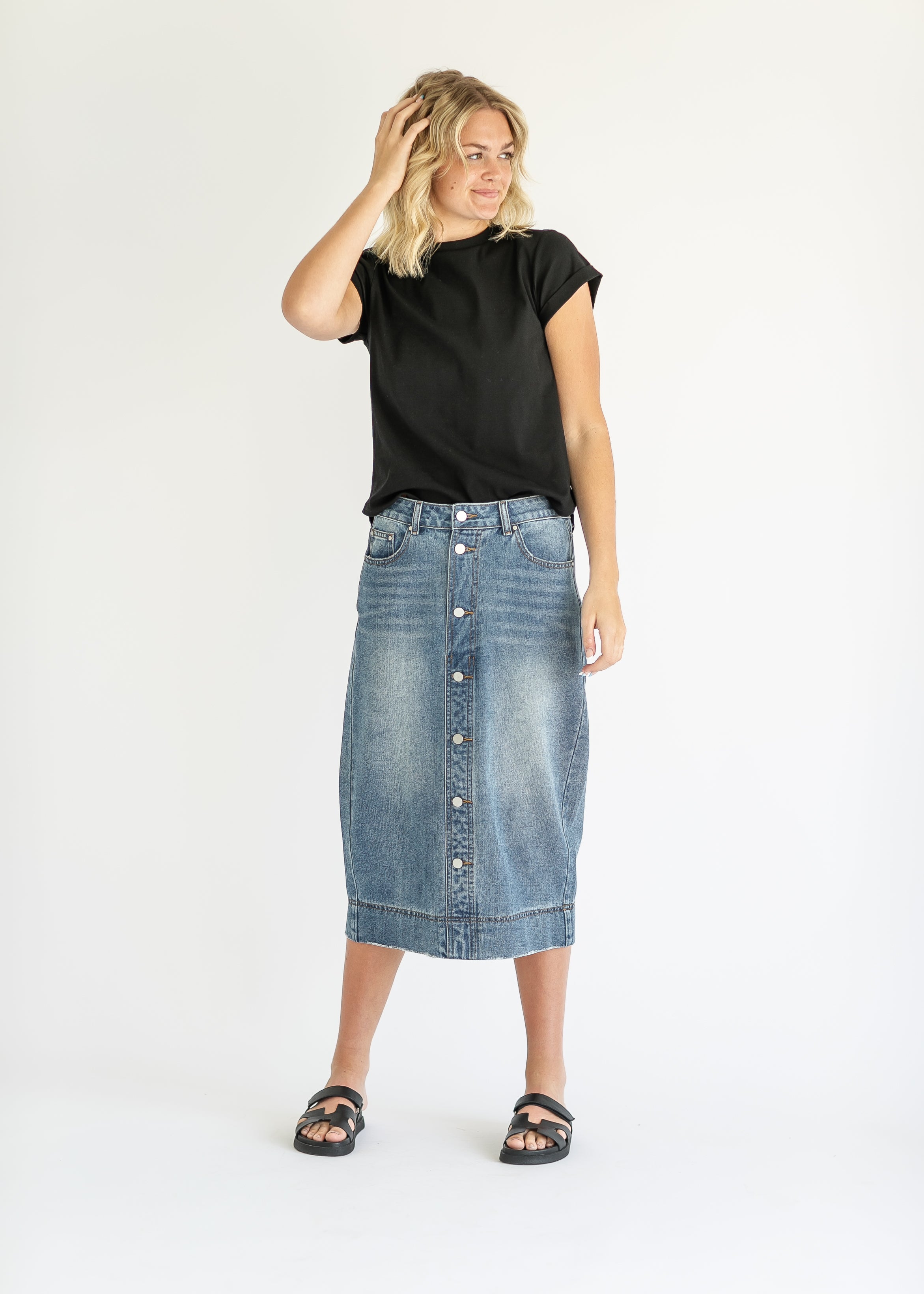 Skylar Button Front Midi Skirt Inherit Co.