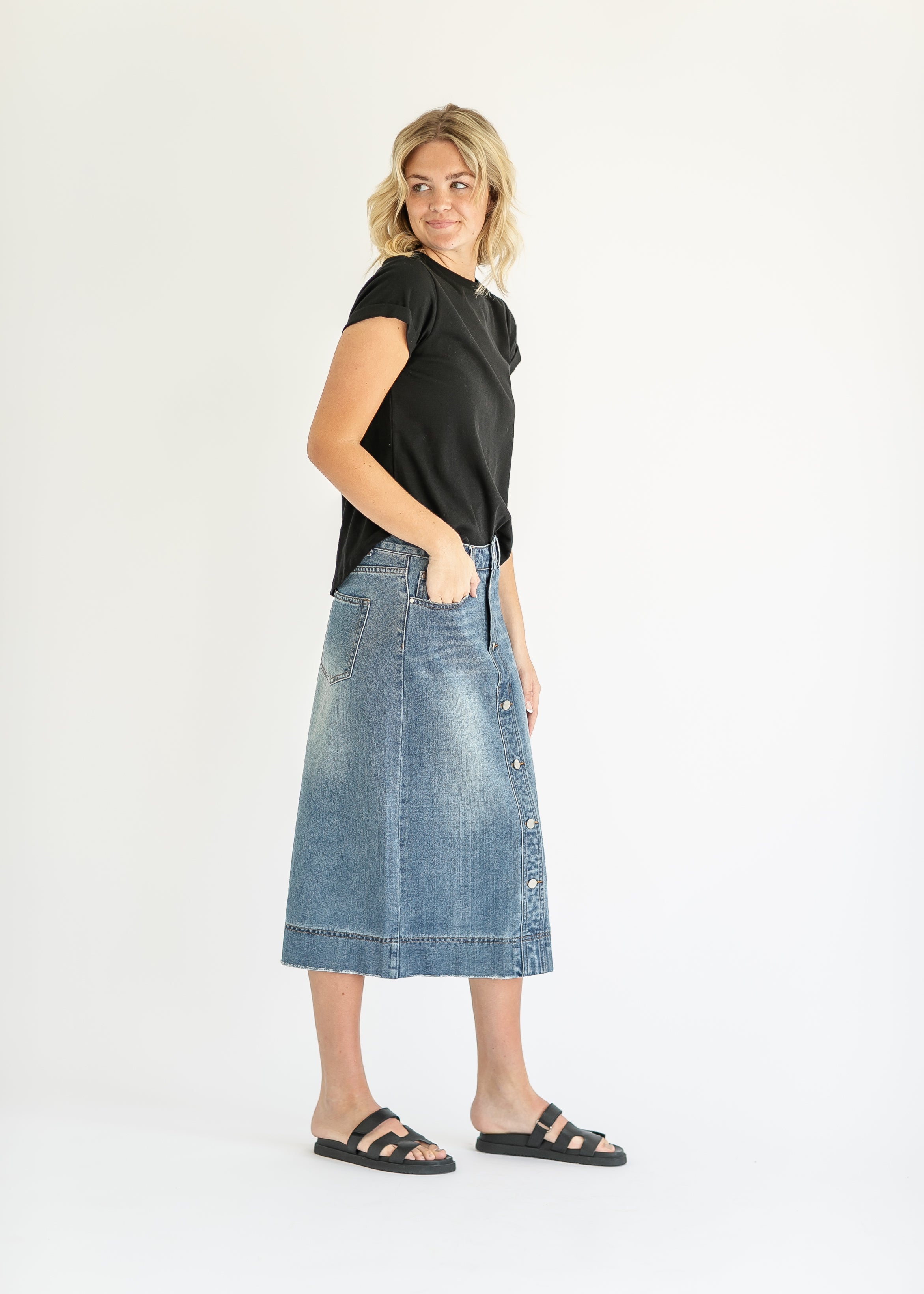 Skylar Button Front Midi Skirt Inherit Co.