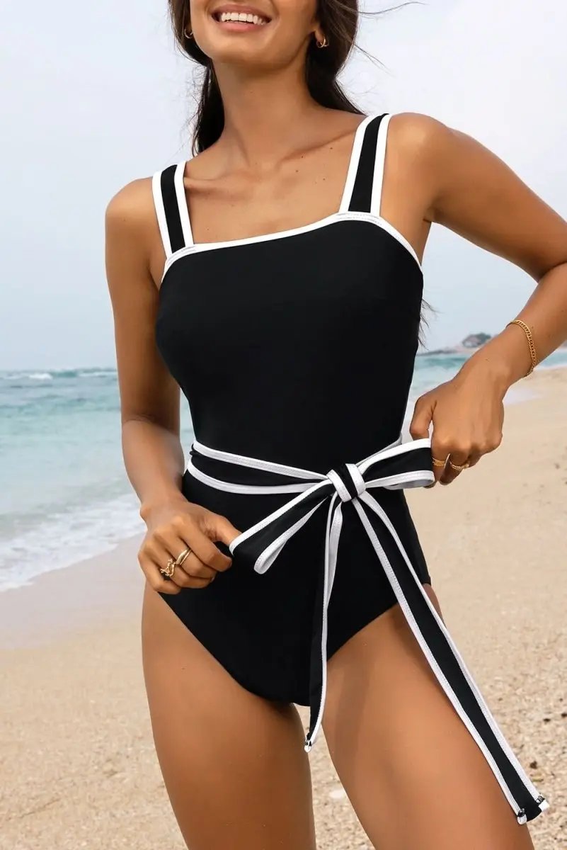 Sleek Black Colorblock Belted One-Piece Swimsuit - Love Salve 