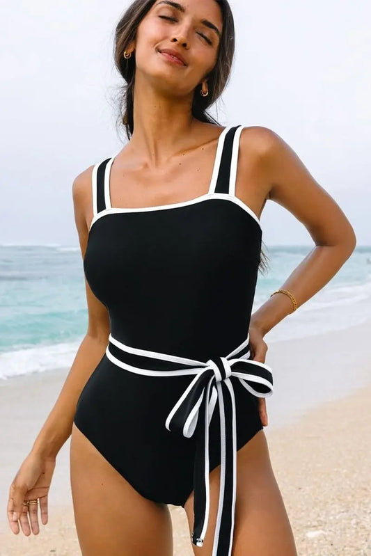 Sleek Black Colorblock Belted One-Piece Swimsuit - Love Salve 
