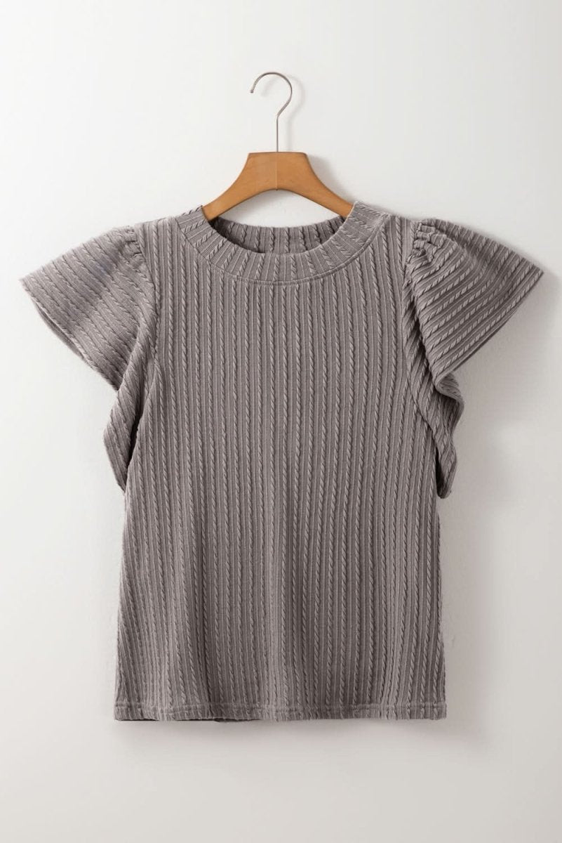 Sleet Solid Color Textured Flutter Sleeve Top - Love Salve 