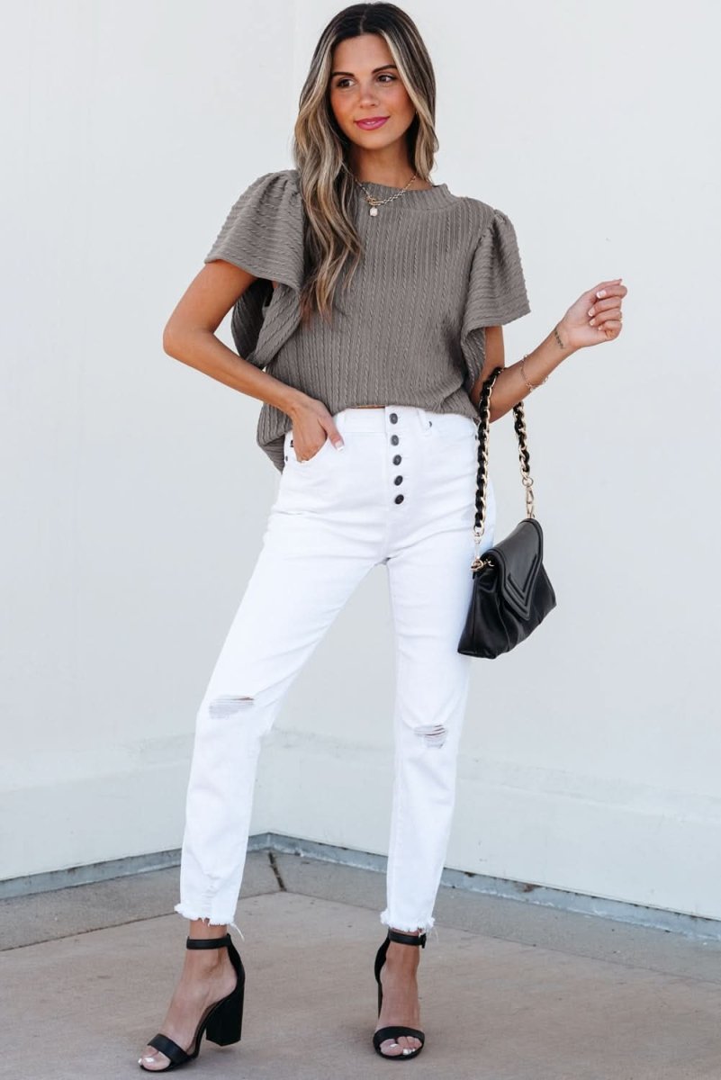 Sleet Solid Color Textured Flutter Sleeve Top - Love Salve 