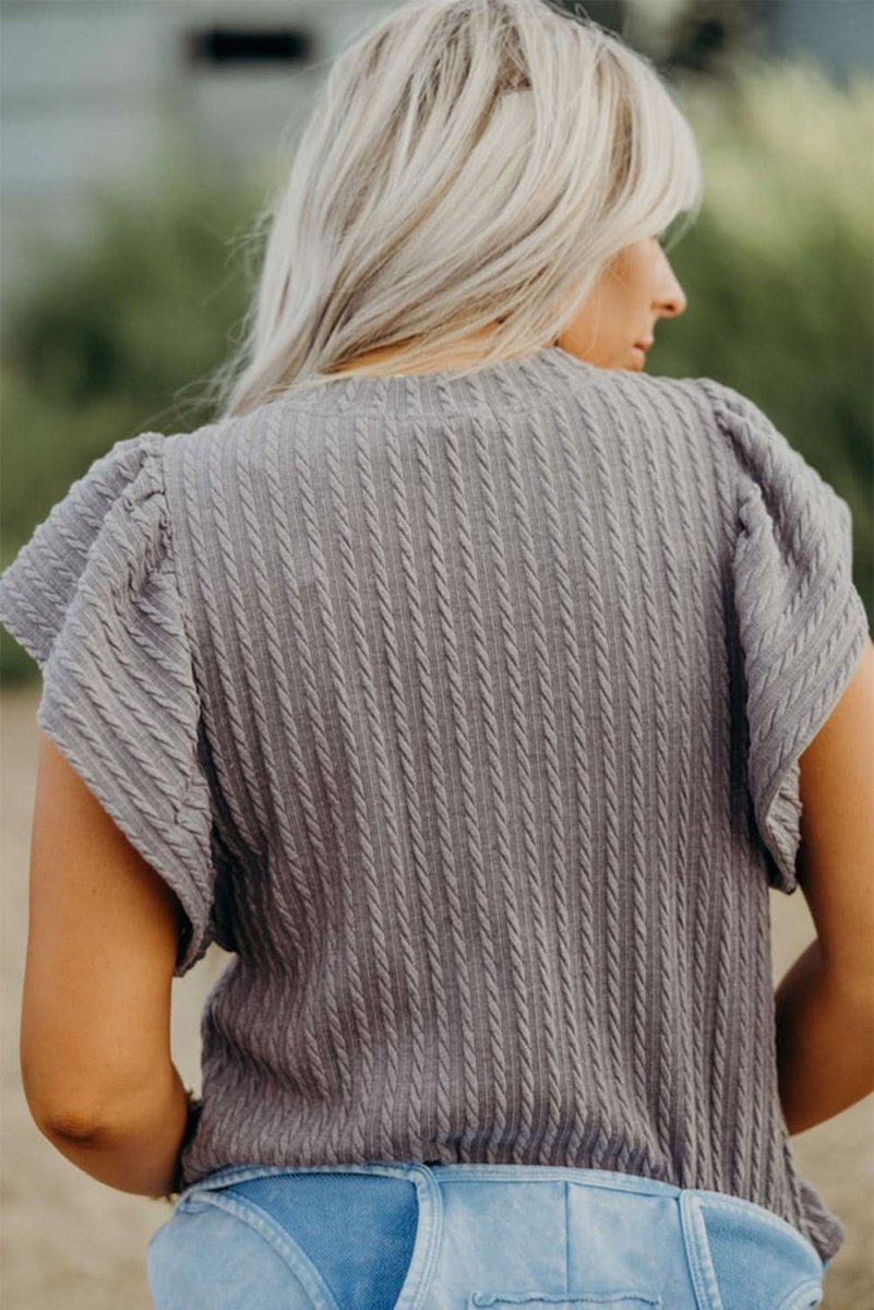 Sleet Solid Color Textured Flutter Sleeve Top - Love Salve 