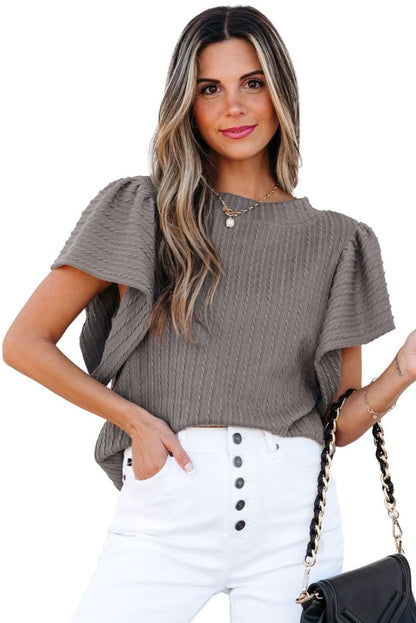 Sleet Solid Color Textured Flutter Sleeve Top - Love Salve 