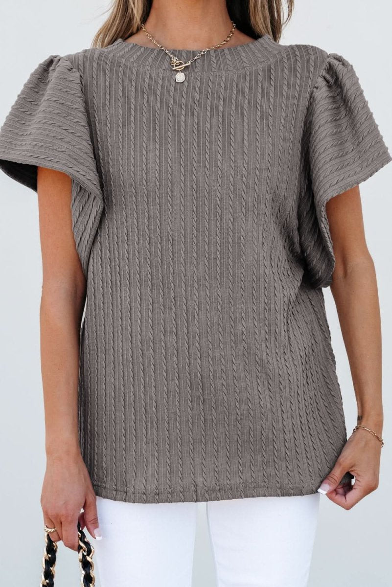 Sleet Solid Color Textured Flutter Sleeve Top - Love Salve 