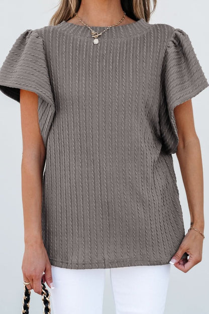 Sleet Solid Color Textured Flutter Sleeve Top - Love Salve 