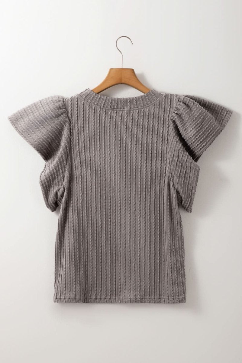Sleet Solid Color Textured Flutter Sleeve Top - Love Salve 