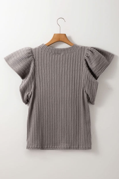 Sleet Solid Color Textured Flutter Sleeve Top - Love Salve 