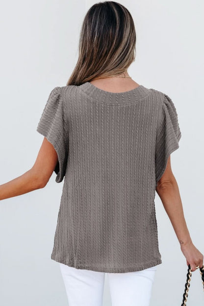 Sleet Solid Color Textured Flutter Sleeve Top - Love Salve 