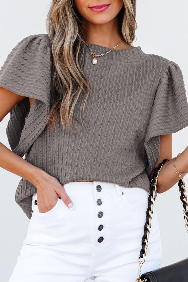 Sleet Solid Color Textured Flutter Sleeve Top - Love Salve 